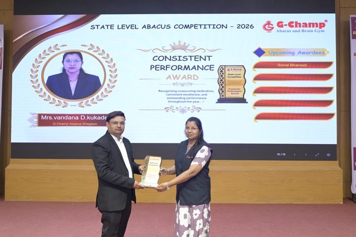 Mrs.Vandana D.Kukade. — Consistent Performance Award at the G-Champ State Level Abacus Competition 2026