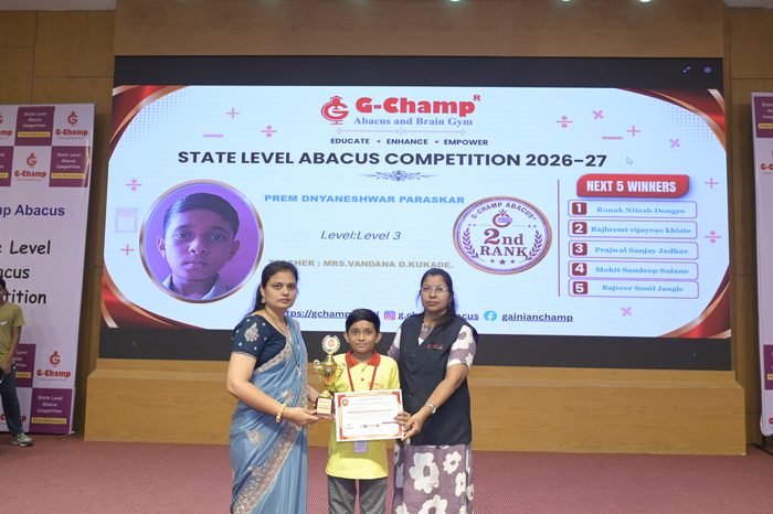 Prem Dnyaneshwar Paraskar — 2nd Rank, Level 3, at the G-Champ State Level Abacus Competition 2026