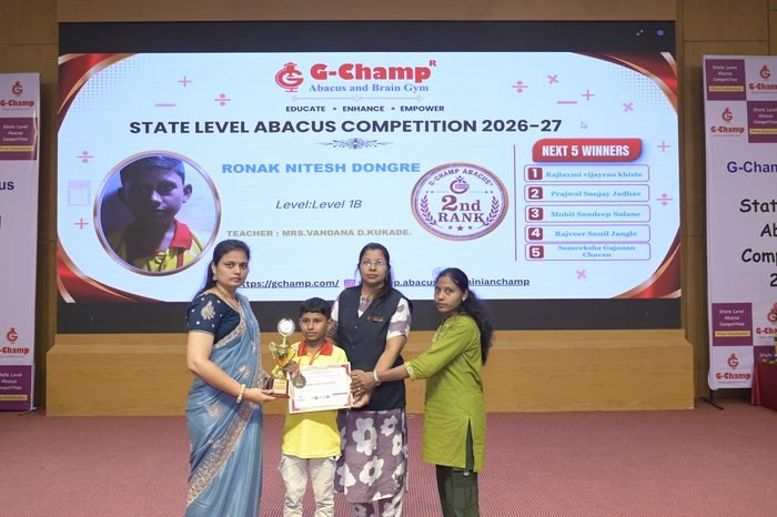 Ronak Nitesh Dongre — 2nd Rank, Level 1B, at the G-Champ State Level Abacus Competition 2026