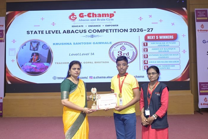 Krushna Santosh Gawhale — 3rd Rank, Level 1A, at the G-Champ State Level Abacus Competition 2026