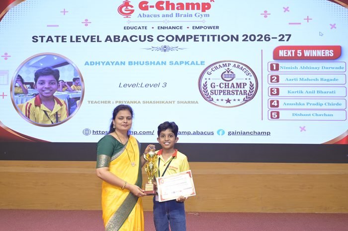 Adhyayan Bhushan Sapkale — G-Champ Super Star, Level 3, at the G-Champ State Level Abacus Competition 2026