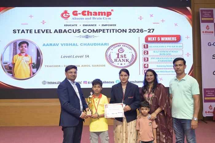 AARAV VISHAL CHAUDHARI — 1st Rank, Level 1A, at the G-Champ State Level Abacus Competition 2026