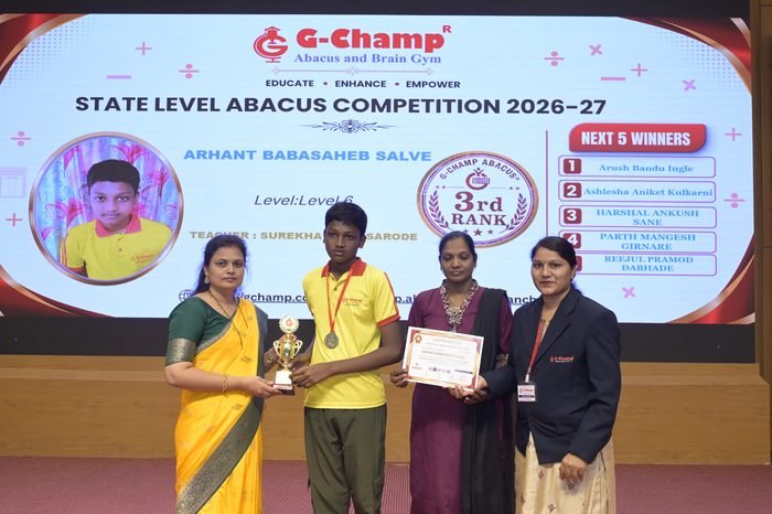 Arhant babasaheb salve — 3rd Rank, Level 6, at the G-Champ State Level Abacus Competition 2026