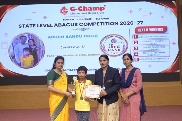 Arush Bandu Ingle — 3rd Rank, Level 1A, at the G-Champ State Level Abacus Competition 2026