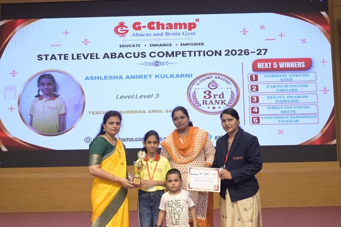 Ashlesha Aniket Kulkarni — 3rd Rank, Level 3, at the G-Champ State Level Abacus Competition 2026