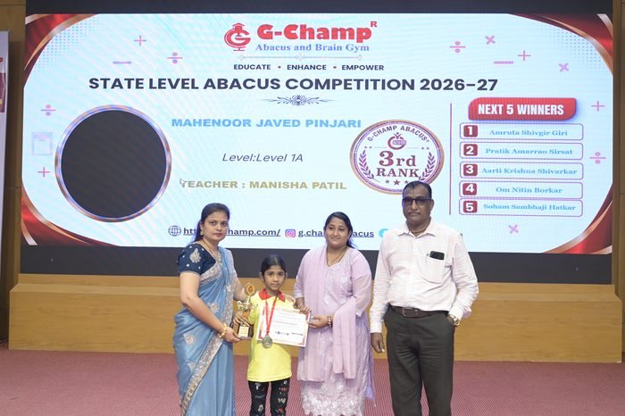 MAHENOOR JAVED PINJARI — 3rd Rank, Level 1A, at the G-Champ State Level Abacus Competition 2026