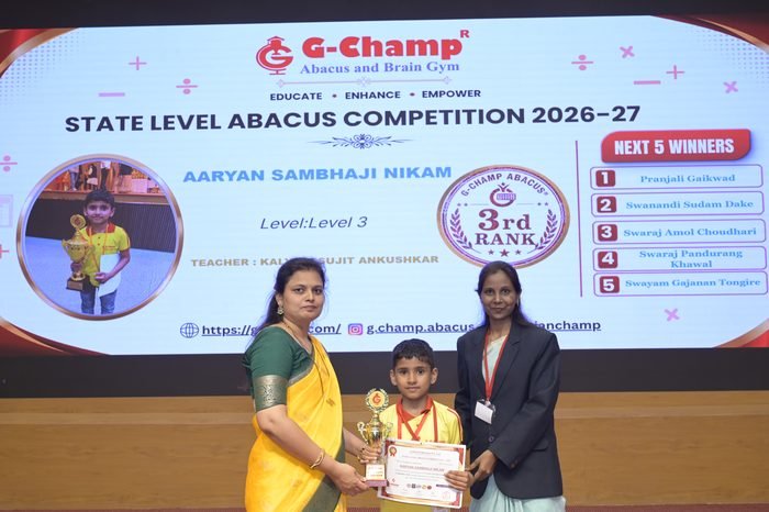 Aaryan Sambhaji Nikam — 3rd Rank, Level 3, at the G-Champ State Level Abacus Competition 2026