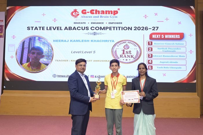 Neeraj Kamlesh Khachriya — 1st Rank, Level 5, at the G-Champ State Level Abacus Competition 2026
