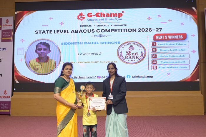 Siddhesh Rahul Shingne — 2nd Rank, Level 2, at the G-Champ State Level Abacus Competition 2026