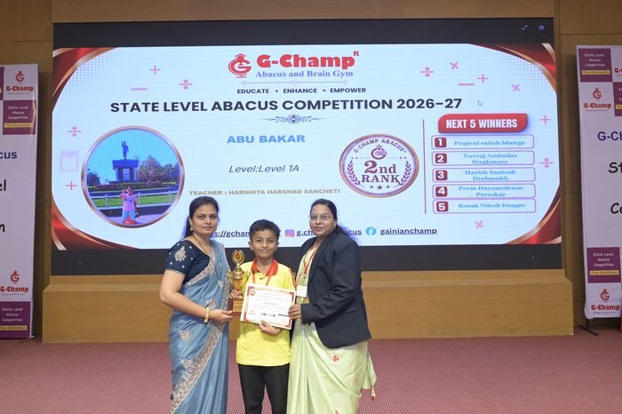 Abu bakar — 2nd Rank, Level 1A, at the G-Champ State Level Abacus Competition 2026