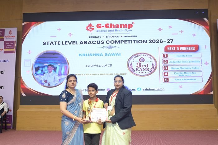 Krushna Sawai — 1st Rank, Level 1B, at the G-Champ State Level Abacus Competition 2026