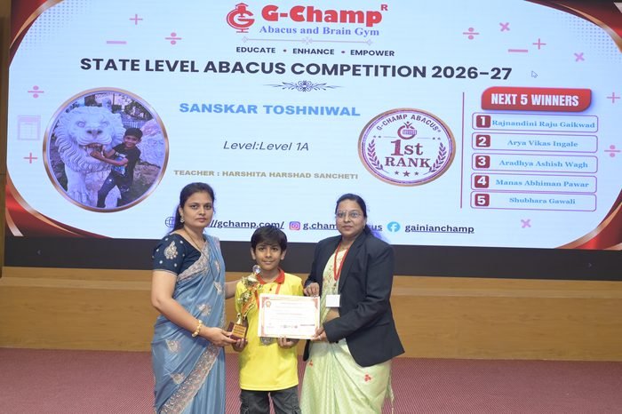 Sanskar Toshniwal — 1st Rank, Level 1A, at the G-Champ State Level Abacus Competition 2026