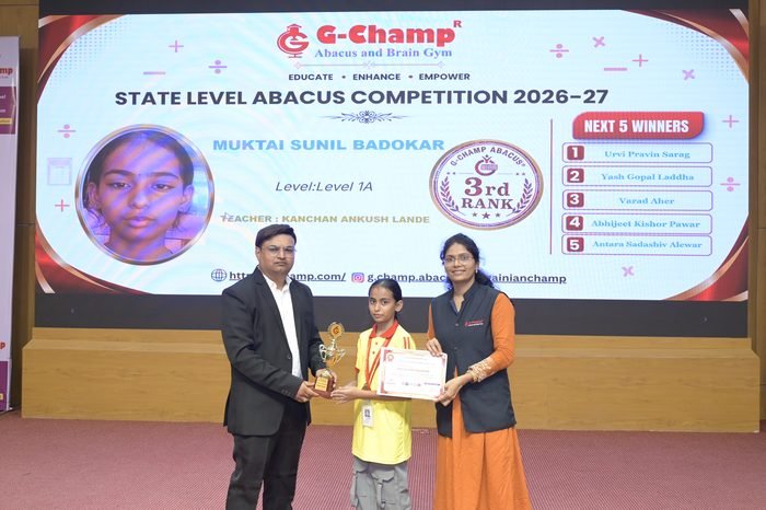 Muktai Sunil Badokar — 3rd Rank, Level 1A, at the G-Champ State Level Abacus Competition 2026