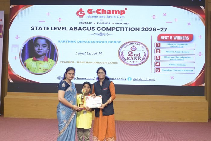 Sarthak Dnyaneshwar Borse — 2nd Rank, Level 1A, at the G-Champ State Level Abacus Competition 2026