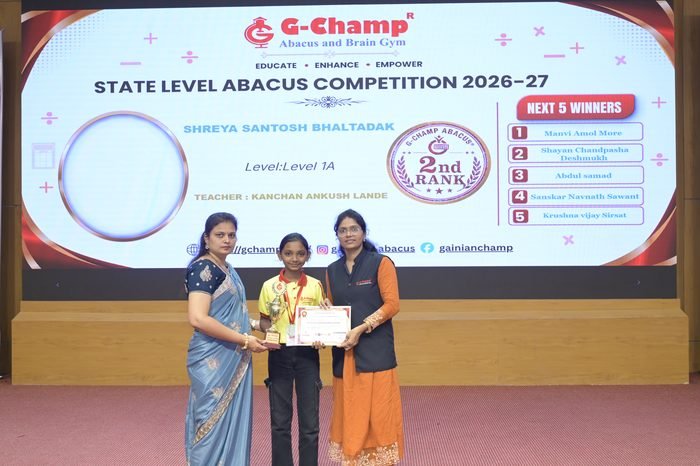 Shreya Santosh Bhaltadak — 2nd Rank, Level 1A, at the G-Champ State Level Abacus Competition 2026