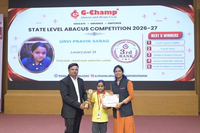 Urvi Pravin Sarag — 3rd Rank, Level 1A, at the G-Champ State Level Abacus Competition 2026