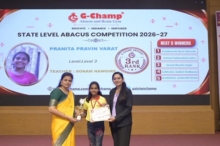 Pranita Pravin Varat — 3rd Rank, Level 3, at the G-Champ State Level Abacus Competition 2026