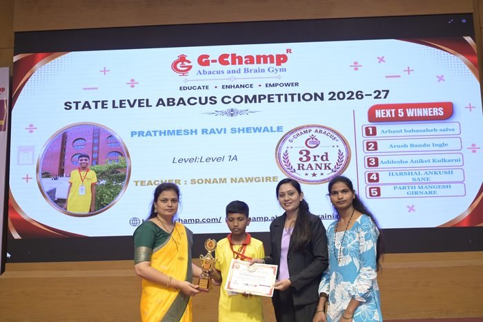 Prathmesh Ravi shewale — 3rd Rank, Level 1A, at the G-Champ State Level Abacus Competition 2026