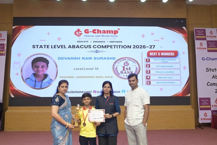 Devansh Ram Surashe — 1st Rank, Level 1A, at the G-Champ State Level Abacus Competition 2026