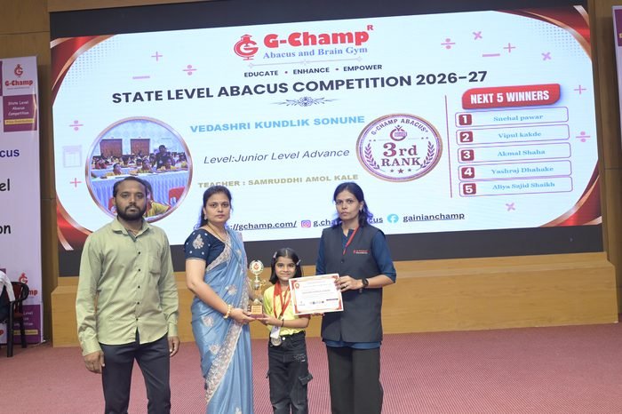 Vedashri Kundlik Sonune — 1st Rank, Level 1A, at the G-Champ State Level Abacus Competition 2026