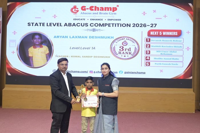 Aryan Laxman Deshmukh — 3rd Rank, Level 1A, at the G-Champ State Level Abacus Competition 2026