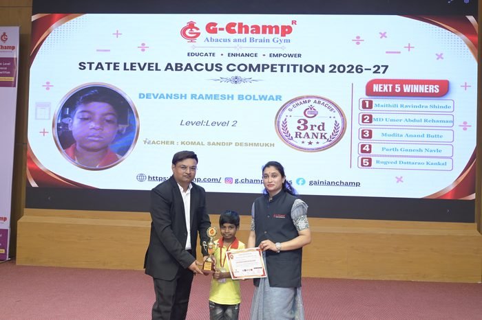 Devansh Ramesh Bolwar — 3rd Rank, Level 2, at the G-Champ State Level Abacus Competition 2026
