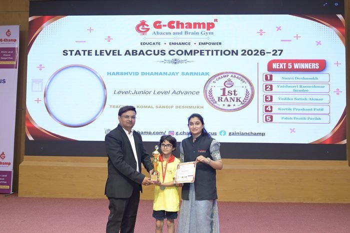 Harshvid Dhananjay sarniak — 1st Rank, Junior Level Advance, at the G-Champ State Level Abacus Competition 2026