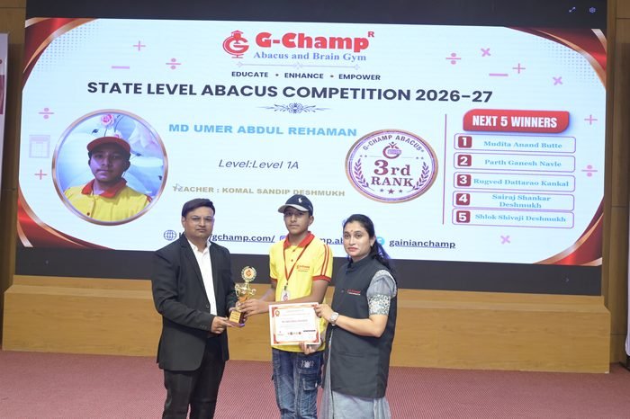 MD Umer Abdul Rehaman — 3rd Rank, Level 1A, at the G-Champ State Level Abacus Competition 2026