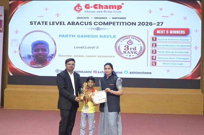 Parth Ganesh Navle — 3rd Rank, Level 5, at the G-Champ State Level Abacus Competition 2026