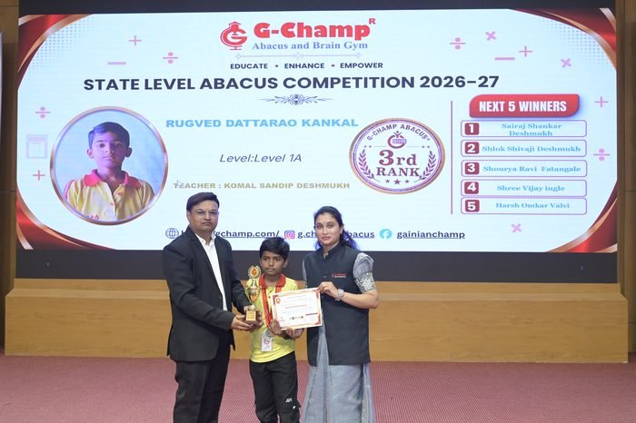 Rugved Dattarao Kankal — 3rd Rank, Level 1A, at the G-Champ State Level Abacus Competition 2026