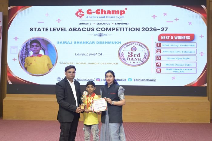 Sairaj Shankar Deshmukh — 3rd Rank, Level 1A, at the G-Champ State Level Abacus Competition 2026