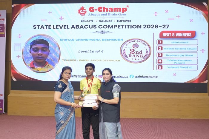 Shayan Chandpasha Deshmukh — 2nd Rank, Level 4, at the G-Champ State Level Abacus Competition 2026