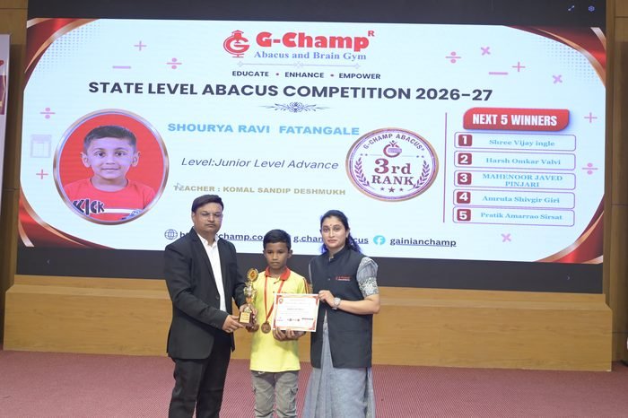 Shourya Ravi  Fatangale — 3rd Rank, Junior Level Advance, at the G-Champ State Level Abacus Competition 2026