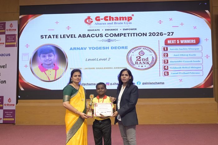 Arnav Yogesh Deore — 2nd Rank, Level 2, at the G-Champ State Level Abacus Competition 2026