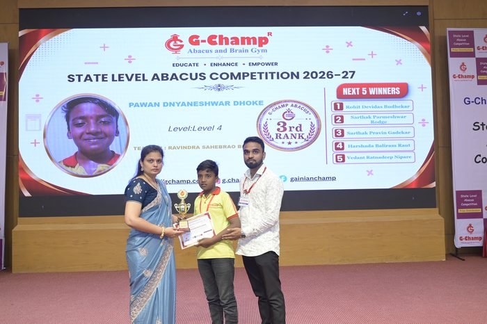Pawan Dnyaneshwar Dhoke — 3rd Rank, Level 4, at the G-Champ State Level Abacus Competition 2026