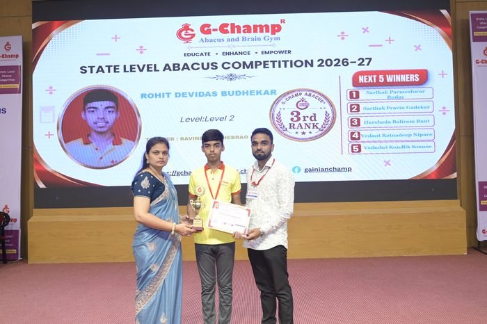 Rohit Devidas Budhekar — 3rd Rank, Level 2, at the G-Champ State Level Abacus Competition 2026