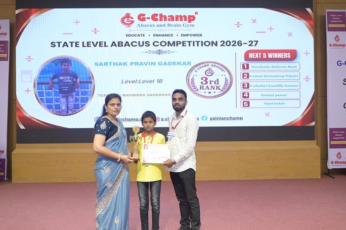 Sarthak Pravin Gadekar — 3rd Rank, Level 1B, at the G-Champ State Level Abacus Competition 2026