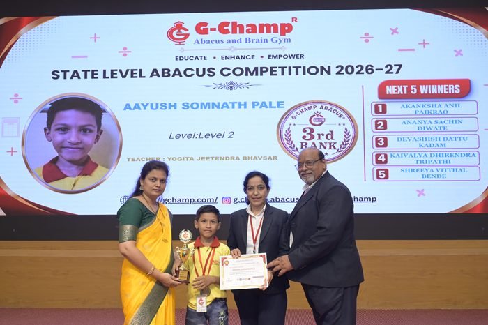 AAYUSH SOMNATH PALE — 3rd Rank, Level 2, at the G-Champ State Level Abacus Competition 2026
