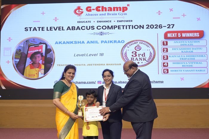 AKANKSHA ANIL PAIKRAO — 3rd Rank, Level 1B, at the G-Champ State Level Abacus Competition 2026