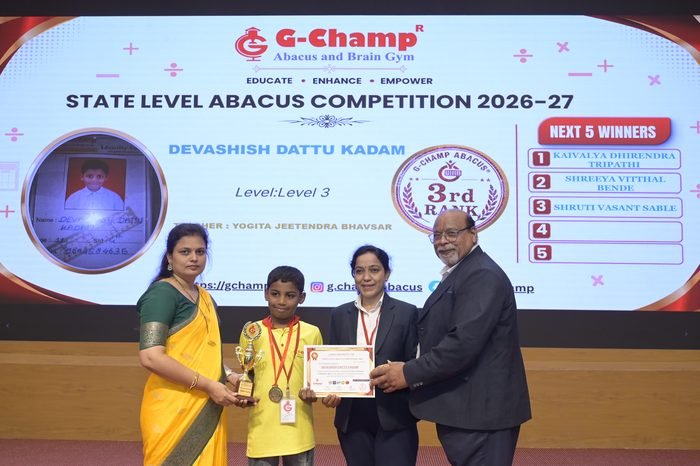 DEVASHISH DATTU KADAM — 3rd Rank, Level 3, at the G-Champ State Level Abacus Competition 2026