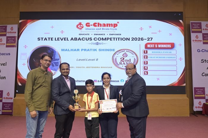 MALHAR PRATIK SHINDE — 2nd Rank, Level 8, at the G-Champ State Level Abacus Competition 2026