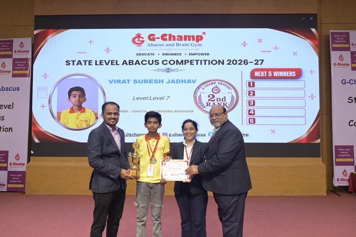 VIRAT SURESH JADHAV — 2nd Rank, Level 7, at the G-Champ State Level Abacus Competition 2026