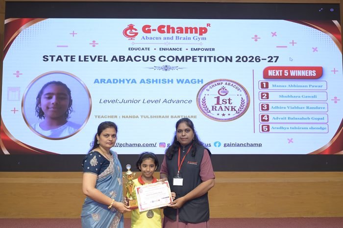 Aradhya Ashish Wagh — 1st Rank, Junior Level Advance, at the G-Champ State Level Abacus Competition 2026