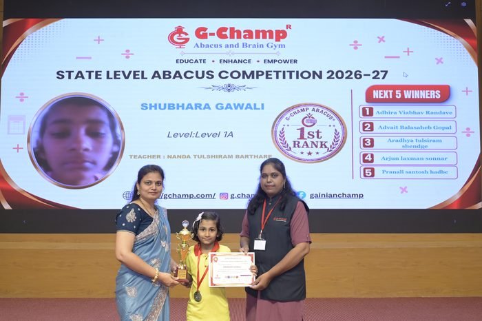 Shubhara Gawali — 1st Rank, Level 1A, at the G-Champ State Level Abacus Competition 2026