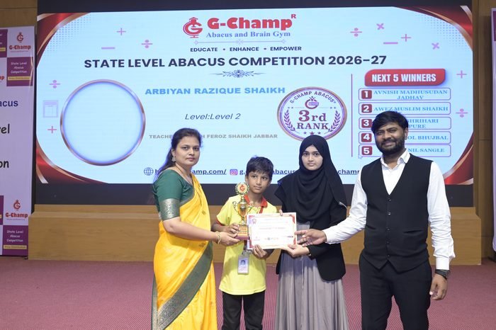 ARBIYAN RAZIQUE SHAIKH — 3rd Rank, Level 2, at the G-Champ State Level Abacus Competition 2026