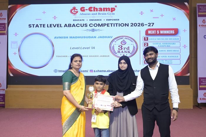 AVNISH MADHUSUDAN JADHAV — 3rd Rank, Level 1A, at the G-Champ State Level Abacus Competition 2026