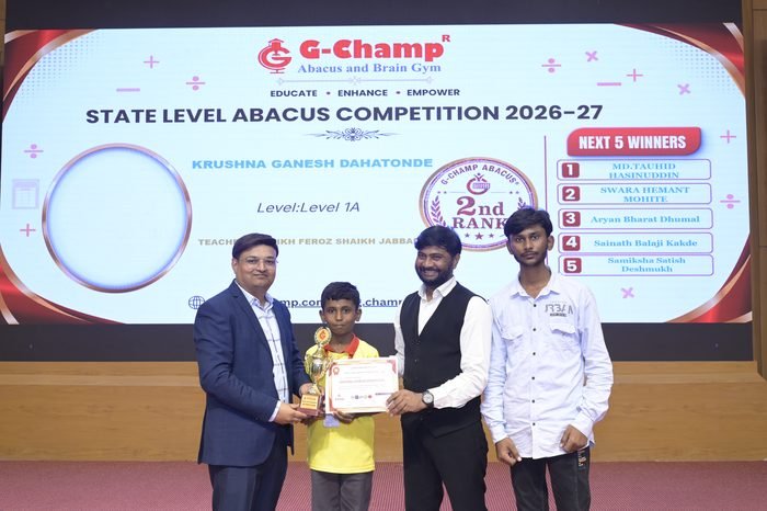 KRUSHNA GANESH DAHATONDE — 2nd Rank, Level 1A, at the G-Champ State Level Abacus Competition 2026