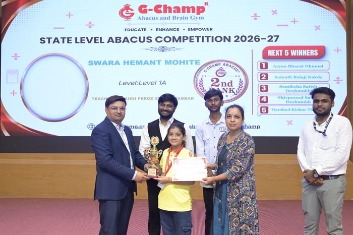 SWARA HEMANT MOHITE — 2nd Rank, Level 1A, at the G-Champ State Level Abacus Competition 2026