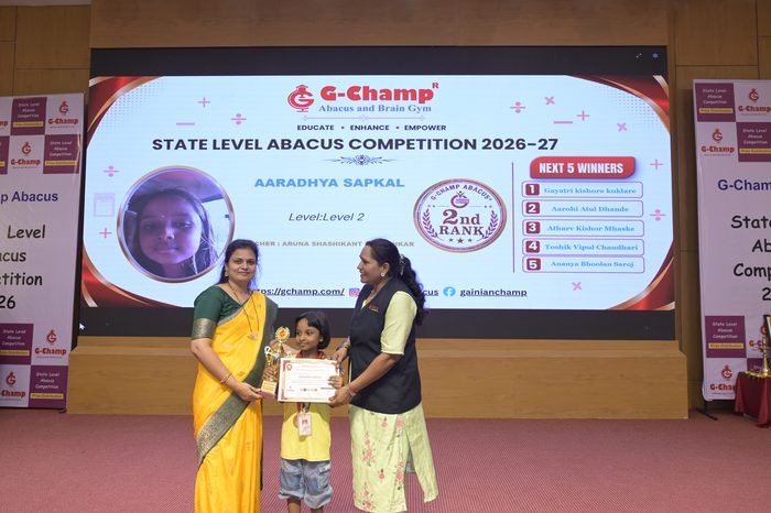Aaradhya sapkal — 2nd Rank, Level 2, at the G-Champ State Level Abacus Competition 2026