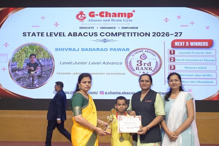 Shivraj dadarao pawar — 3rd Rank, Junior Level Advance, at the G-Champ State Level Abacus Competition 2026